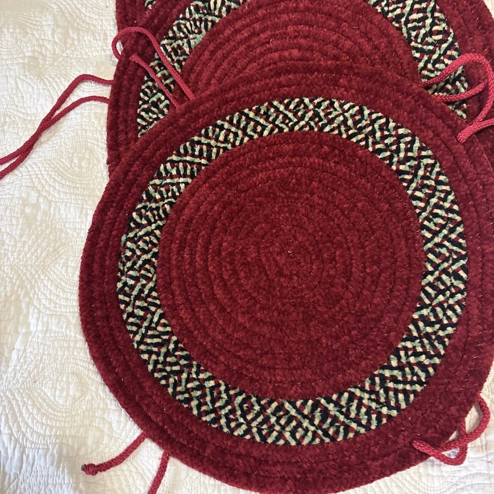 Vtg 4 Red Chenille Chair Pads 16